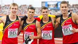 Die belgische 4x400-Meter-Staffel mit Julien Watrin, Kevin Borlee, Jonathan Borlee und Dylan Borlee (v.l.) © imago/Belga
